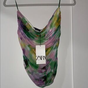 NWT Zara Green and Purple Asymmetrical Ruched Camisole